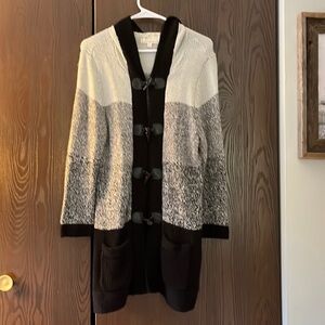 Debbie Morgan gray and black, hooded knit, long sweater jacket. Size Large